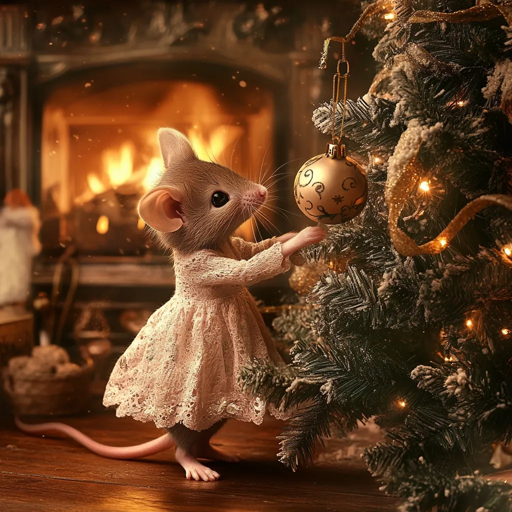 Here's a description of the image:

A charming digital illustration depicts a mouse, anthropomorphized in a delicate, lace-trimmed dress, adorning a Christmas tree. The mouse's tiny paws delicately reach for a golden ornament hanging from a branch.  The warm glow of a fireplace in the background casts a cozy ambiance.  The tree is decorated with lights, adding to the festive atmosphere. The overall style is whimsical and endearing, perfect for a holiday card or children's book. The scene is richly detailed, from the texture of the mouse's fur to the snow dusting the branches.