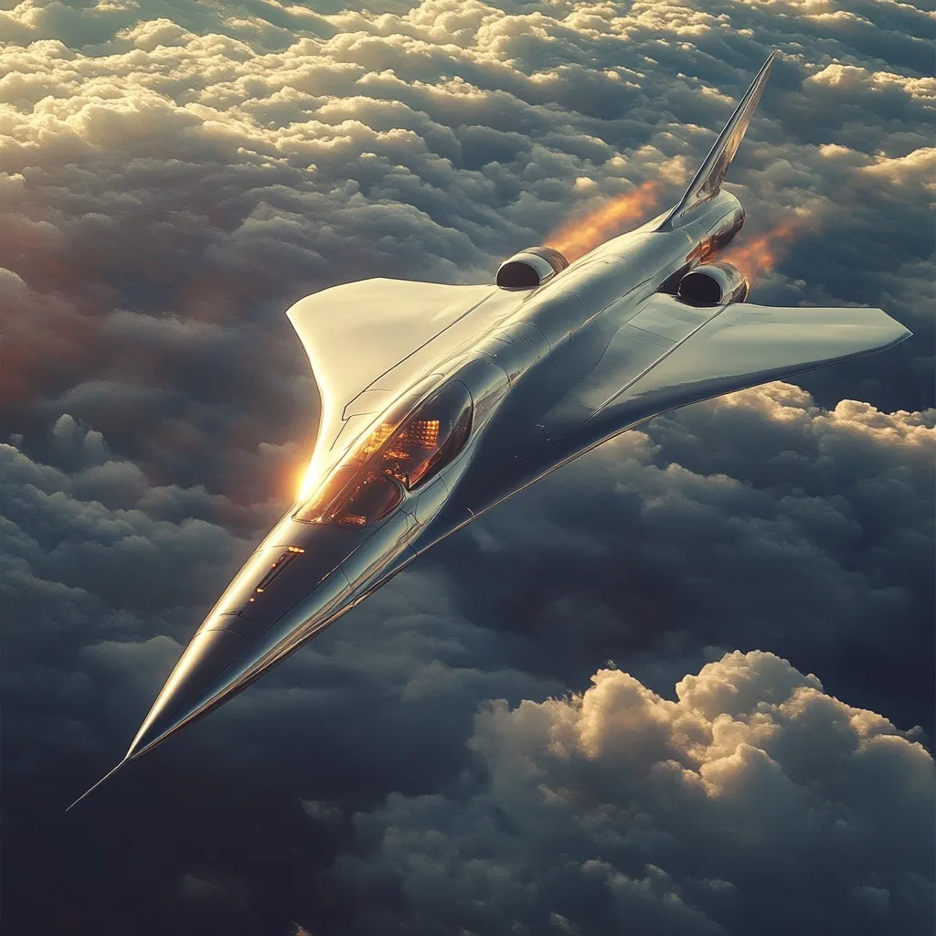 Here's a description of the image:

A sleek, futuristic aircraft, metallic silver in color, soars through a breathtaking expanse of clouds.  The plane's design is streamlined and elegant, with a long, pointed nose and swept-back wings.  Glowing engine exhaust trails behind, suggesting high speed. The cockpit's interior is dimly lit, adding to the aircraft's mysterious aura. The clouds below are textured and luminous, illuminated by a soft, warm light, creating a dramatic contrast with the aircraft's polished surface. The overall scene evokes a sense of speed, power, and technological advancement.