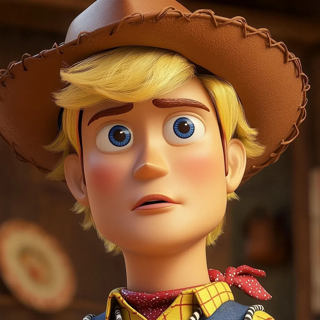 Close-up view of a stylized, cartoonish rendering of a young boy, possibly a character from a film.  He has blond hair, large blue eyes, and rosy cheeks. He's wearing a brown cowboy hat and a yellow plaid shirt with a red bandana. His expression is one of mild concern or apprehension. The background suggests a rustic, possibly western setting. The overall style is reminiscent of computer-generated animation.
