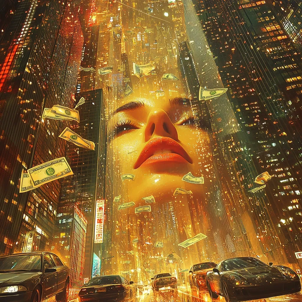 Here's a description of the image:

The artwork depicts a surreal cityscape at night, overlaid with the face of a woman.  The city is rendered in warm, golden hues, with tall skyscrapers and busy streets.  US dollar bills float amidst the buildings, suggesting wealth and abundance. The woman's face, smooth and seemingly wet, is composed of the same golden tones as the city, seamlessly blending into the urban environment.  Cars traverse the rain-slicked streets at the bottom of the image, adding a sense of movement and scale to the woman's immense, almost godlike presence. The overall impression is one of opulence and surreal juxtaposition, where the female form embodies the city's prosperity.
