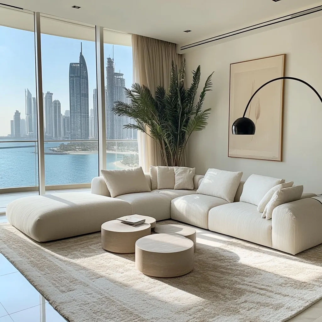 A modern, minimalist living room boasts a cream-colored sectional sofa, perfectly complementing a large area rug. Three light-toned wooden coffee tables sit before the sofa. A tall potted plant adds a touch of nature, while floor-to-ceiling windows offer a breathtaking view of a cityscape and tranquil ocean.  A minimalist piece of art hangs on the wall, and a sleek black arc lamp stands in the corner, enhancing the room's serene ambiance. The overall aesthetic is one of sophisticated calmness and luxury.