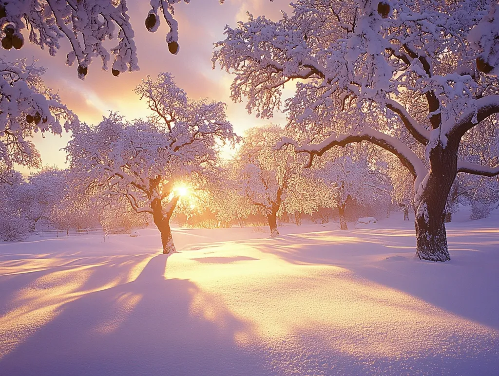 Here's a description of the image:

A breathtaking winter scene unfolds at sunrise.  Snow-covered trees, laden with a thick blanket of pristine white, dominate the foreground and middle ground. The low sun casts long, dramatic shadows across the deep, untouched snow, creating a warm, golden glow against the cool, pastel hues of the winter landscape. The trees are mostly bare, their branches intricately laced with frost, emphasizing the stillness and serenity of the scene.  The overall effect is one of peaceful beauty and winter magic.