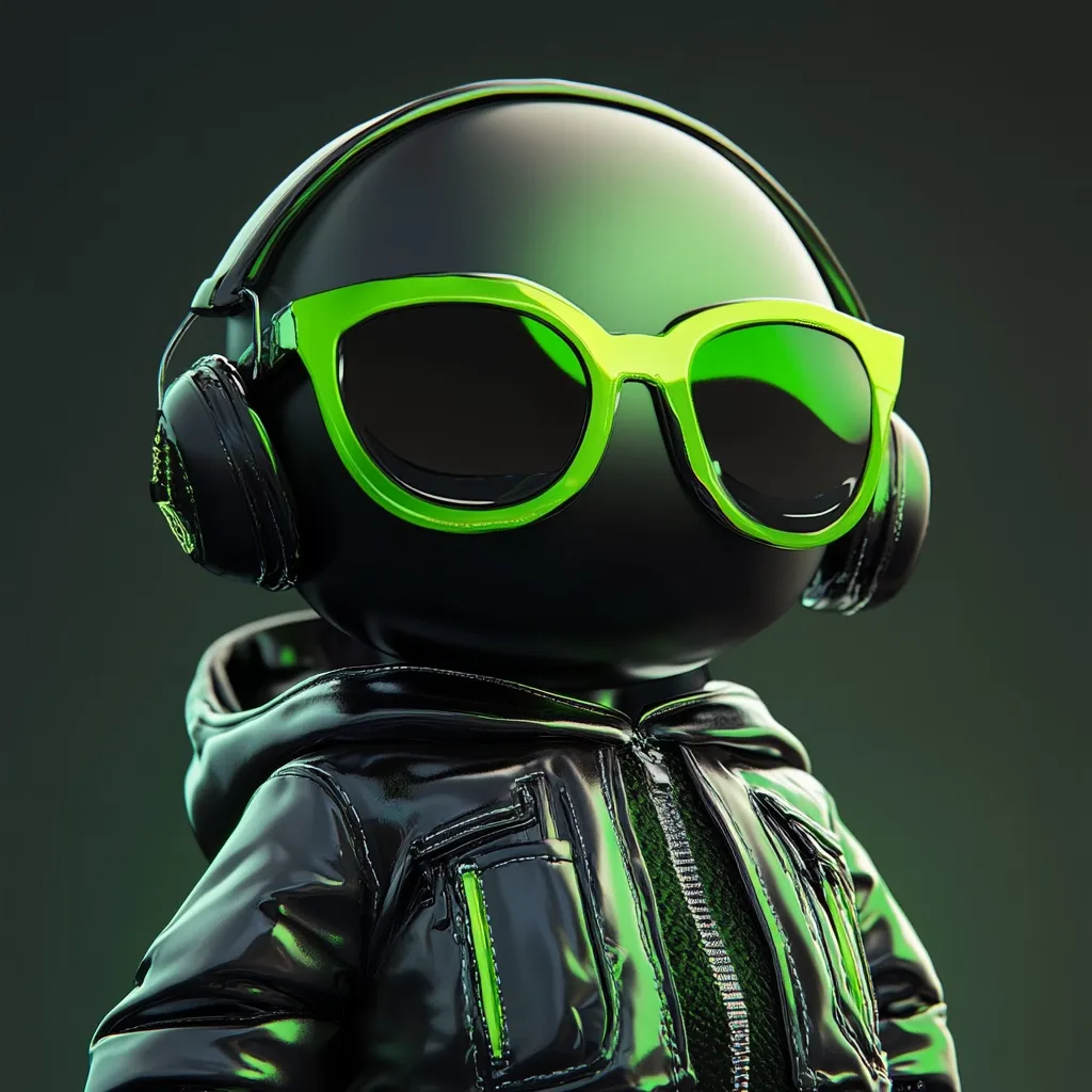 Here's a description of the image:

The image shows a stylized 3D rendering of a cool, futuristic character.  It features a black, spherical head wearing sleek, neon-green sunglasses and over-ear headphones.  The character sports a glossy, black leather jacket with subtle, bright green detailing along the seams and zipper.  The overall aesthetic is dark, edgy, and suggestive of a music lover or DJ, with a strong emphasis on vibrant color contrasts against the dark background. The character's expression is obscured by the sunglasses, adding to its mysterious, cool demeanor.