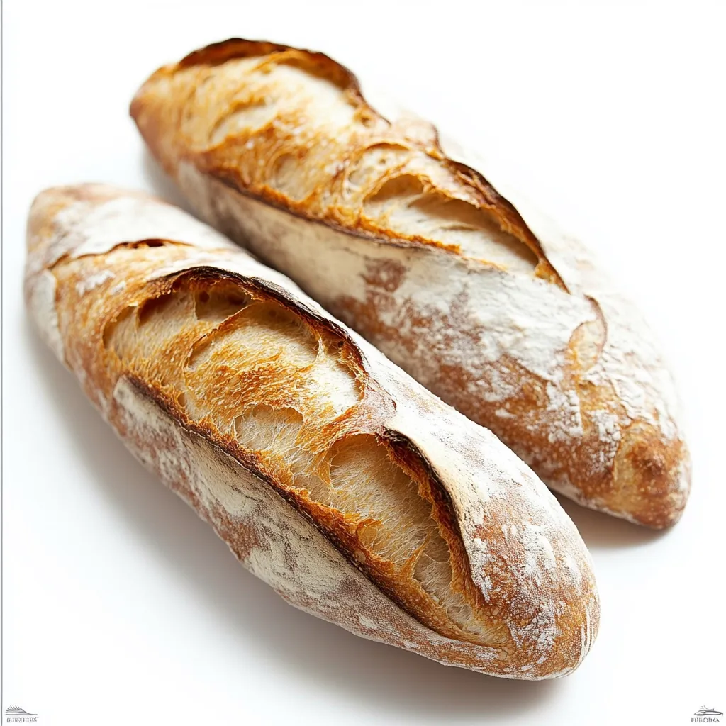 Two rustic baguettes, golden brown and crusty, rest on a white background.  The loaves are long and slightly curved, with a visibly textured, crackled surface.  Flour dusts their tops, hinting at freshly baked bread.  The deep golden hue of the crust contrasts with the lighter interior, visible in the cracks.  The overall image evokes a sense of warmth and deliciousness.