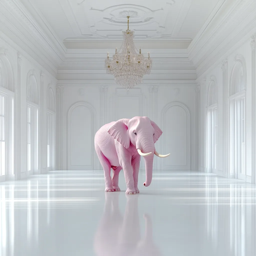 A large, pale pink elephant stands in the center of a spacious, bright white ballroom.  The room is elegantly appointed with tall windows, ornate molding, and a large crystal chandelier hanging from the high ceiling.  The contrast between the delicate, pastel elephant and the stark, opulent setting creates a surreal and slightly unsettling atmosphere. The floor is highly polished, reflecting the elephant and the room's architecture.