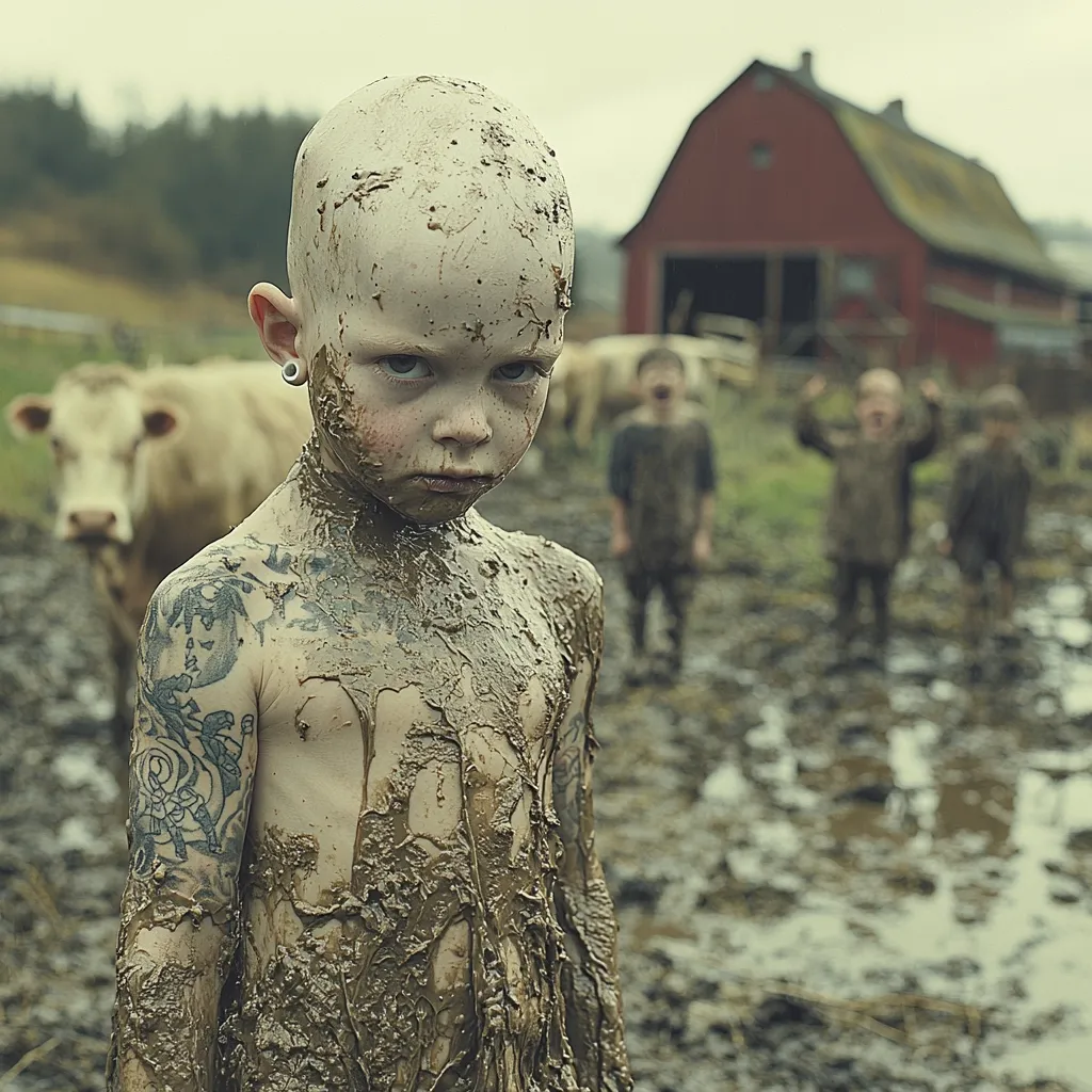 Here is a description of the image:

The photo shows a young, bald boy, covered head-to-toe in mud.  He has tattoos on his arms and a serious expression on his face. He stands in a muddy field, several other muddy children and cows are visible in the background, out of focus.  A weathered red barn sits further back, adding to the rural setting. The overall mood is somber and slightly unsettling, hinting at hardship or a challenging environment.  The image's contrast and muted colors emphasize the child's stark appearance and the grim surroundings.