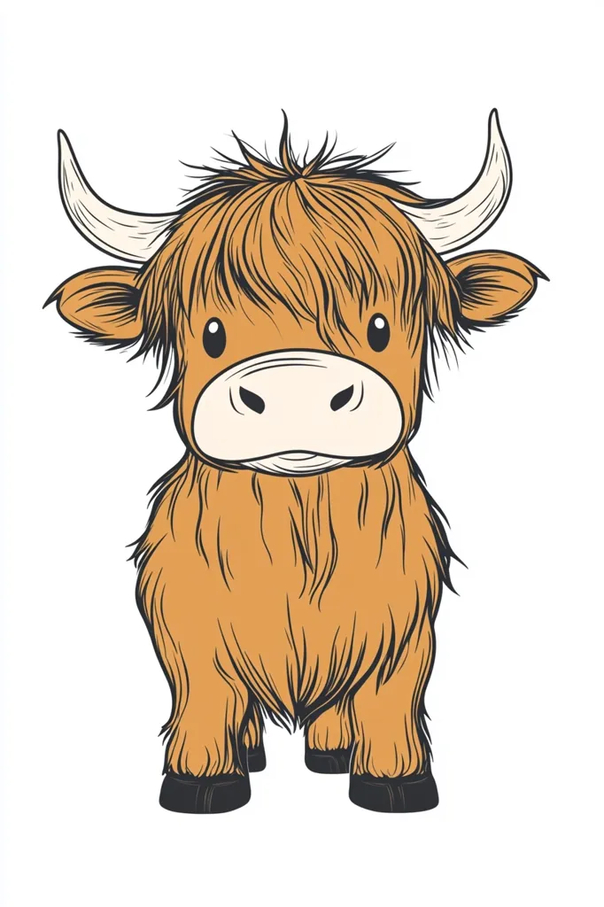 Here's a description of the image:

The illustration showcases a charming, cartoonish Highland cow. Its long, shaggy, light brown fur is meticulously detailed, giving it a soft and cuddly appearance.  The cow's large, expressive eyes and small, upturned horns add to its endearing quality.  It stands squarely facing the viewer, its hooves grounded, presenting a friendly and approachable demeanor. The style is simple yet effective, with clean lines and a pleasing color palette. The background is plain white, allowing the Highland cow to be the sole focus.