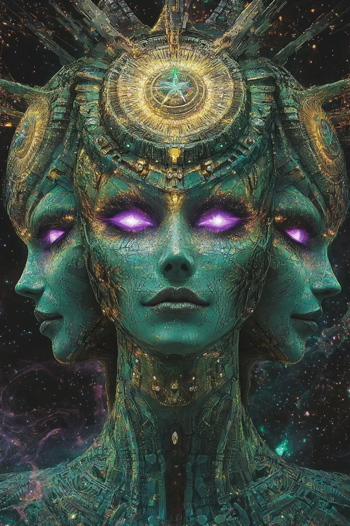The image depicts a stylized, three-faced being against a cosmic backdrop.  The central face is prominent, with glowing purple eyes and teal, textured skin resembling weathered metal or stone.  Flanking faces mirror the central one, creating a symmetrical composition.  The being's head is adorned with intricate, golden geometric patterns reminiscent of ancient technology or celestial structures, extending into a crown-like formation. The overall aesthetic blends elements of sci-fi, fantasy, and possibly religious iconography, evoking a sense of otherworldly power and mystery.