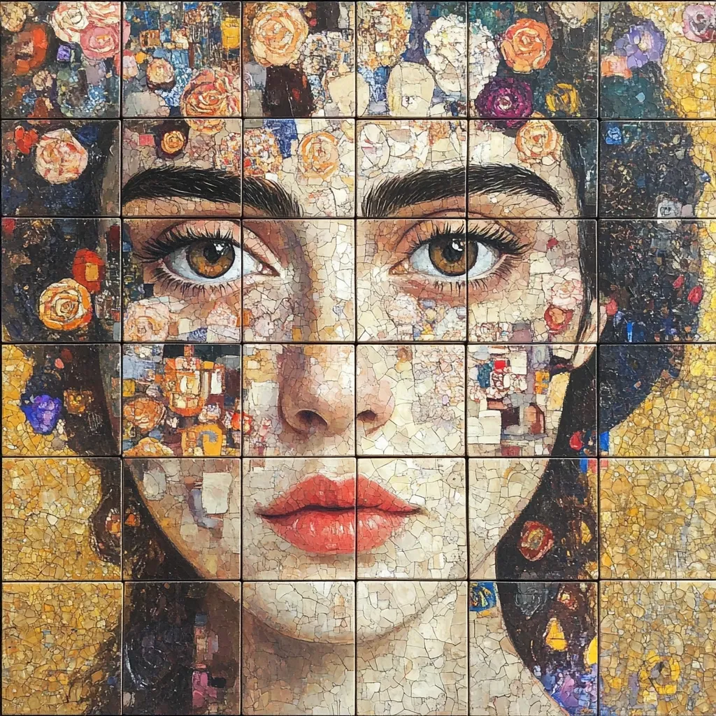 A close-up portrait, rendered in a mosaic style reminiscent of Klimt, depicts a woman's face.  Her expression is serene, her gaze direct. The image is composed of numerous small, square tiles, each containing a different textured pattern or floral element, creating a richly detailed and multi-layered effect.  The tiles form a grid, creating a fragmented yet cohesive whole.  Roses and other flowers are prominent features in the surrounding mosaic, suggesting a crown or adornment. The overall effect is both realistic and abstract, striking a balance between intricate detail and a painterly aesthetic.