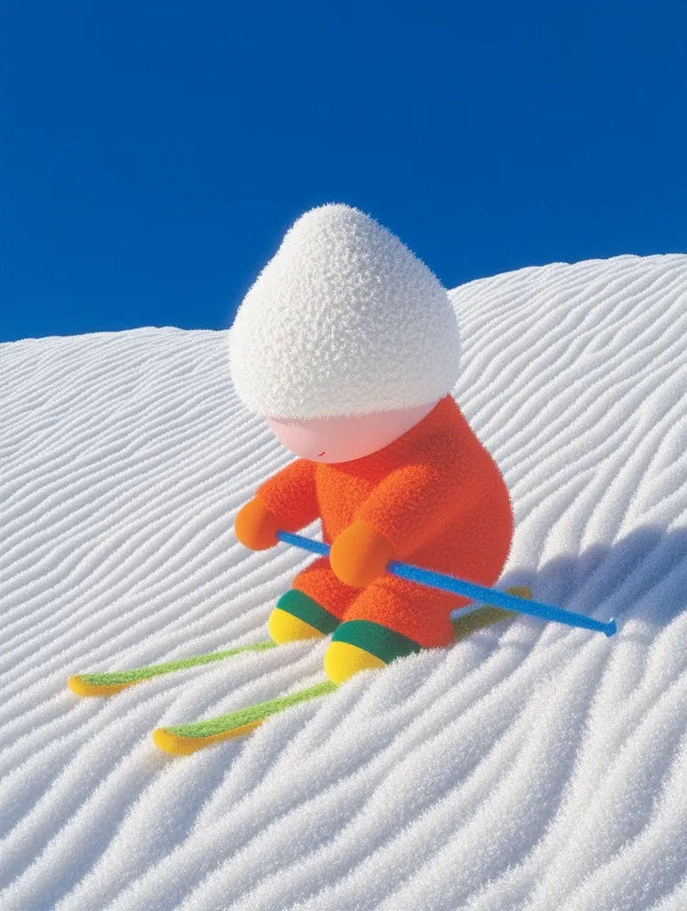 A cute, cartoonish figure, resembling a plush toy, sits on skis atop a snow-covered slope.  The figure wears an orange jumpsuit and a large, fluffy white hat.  Bright blue ski poles are held in its hands. The snow shows a rippled texture, creating a wavy pattern. The background is a clear, vibrant blue sky.  The overall scene is cheerful and whimsical, suggesting a playful winter adventure.