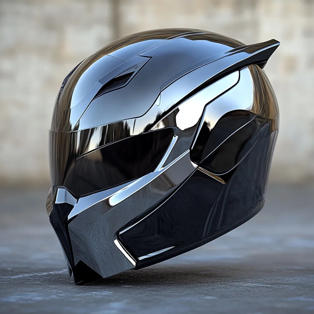 Here's a description of the image:

The image shows a futuristic, sleek motorcycle helmet resting on a dark gray surface.  The helmet is predominantly black with a highly polished, mirror-like finish, reflecting light and the blurred background. Its design is angular and aggressive, featuring sharp lines and a pointed chin guard. A small, upward-pointing fin is visible near the rear. The helmet's visor is dark and reflective, obscuring the interior. The overall aesthetic is one of high-tech design and potential high speed. The background is out of focus, suggesting a neutral, possibly urban setting.