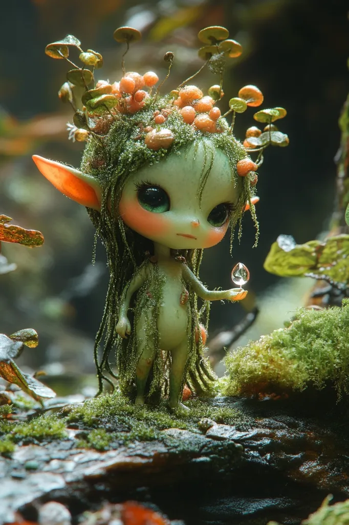 A digital rendering depicts a whimsical forest sprite.  The tiny, pale green creature has large, expressive eyes, pointed ears, and long, moss-covered hair adorned with miniature orange mushrooms.  It stands on a mossy log, delicately holding a glistening droplet of water.  The overall mood is ethereal and enchanting, showcasing the artistry of digital illustration in creating a fantastical character.  The scene is lush with vibrant greens and browns, highlighting the natural surroundings.