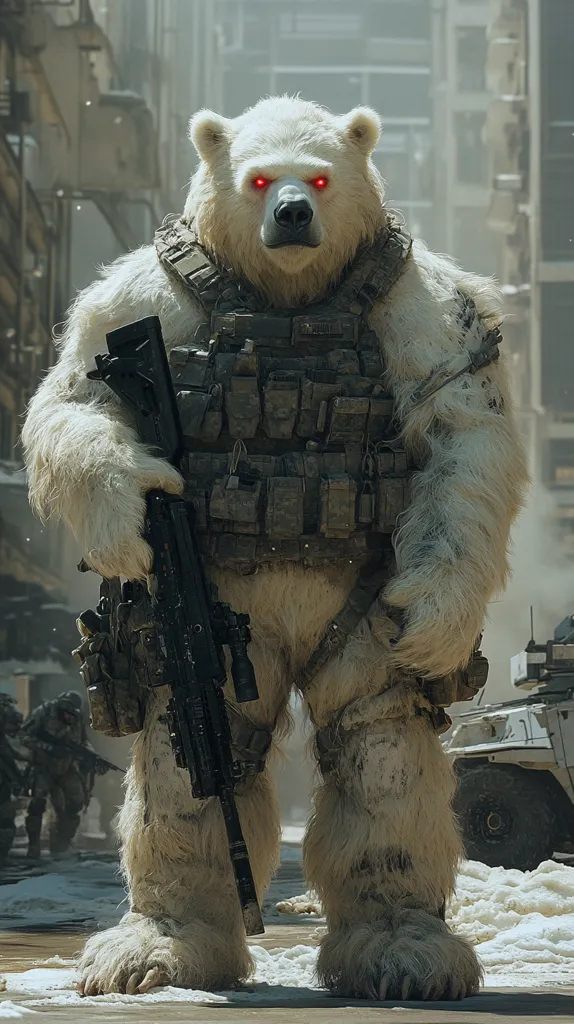 Here is a description of the image in under 100 words:

A polar bear, its eyes glowing red, stands in a desolate, urban landscape.  It's clad in full military gear, including a tactical vest and carrying a large assault rifle.  The setting appears post-apocalyptic, with snow on the ground and damaged buildings in the background.  Other indistinct figures, possibly soldiers, are visible in the distance. The image suggests a blend of nature and technology, portraying the bear as a formidable, almost supernatural soldier.