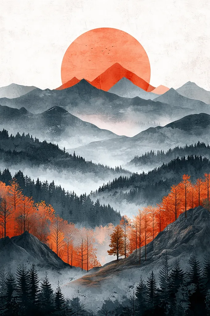 A stylized landscape painting depicts a misty mountain range at sunrise.  A large, vibrant orange sun dominates the upper portion, partially obscured by muted orange peaks.  The lower portion reveals rolling hills covered in dark evergreen trees, with pockets of bright orange autumn foliage accentuating the valley.  The overall mood is serene and peaceful, with a focus on contrasting colors and soft atmospheric perspective.  The painting has a slightly textured, almost watercolor-like effect.