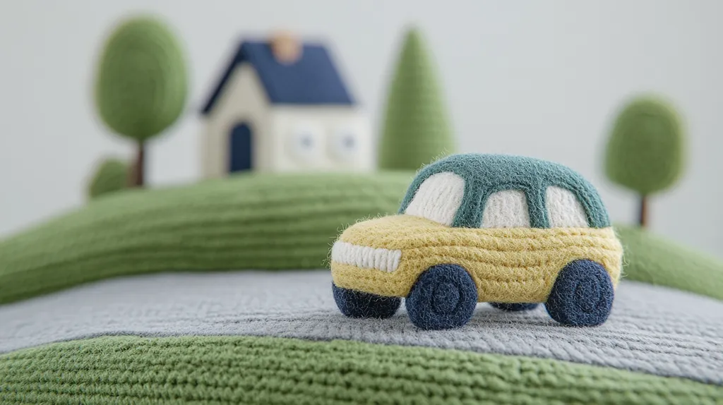 Here is a description of the image:

A close-up shot reveals a charming knitted toy car, predominantly yellow with a teal roof, resting on a knitted landscape. The landscape features muted greens and grays, suggesting hills and a road. In the softly blurred background, a miniature knitted house and trees add to the idyllic scene, creating a cozy and playful atmosphere. The overall texture is soft and inviting, suggesting a handcrafted, possibly children's, toy.