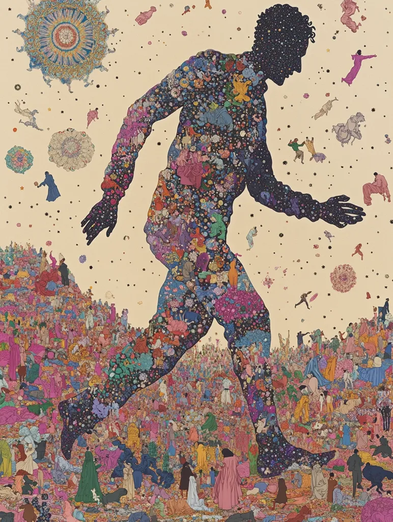 The artwork depicts a colossal figure striding across a vast, densely populated landscape.  The giant's body is a tapestry of miniature people and swirling patterns, contrasting with the beige background speckled with smaller figures and celestial shapes.  The scene is vibrant and detailed, suggesting a complex narrative of humanity dwarfed by a larger, possibly symbolic, presence. The overall style is reminiscent of intricate, illustrative storytelling.