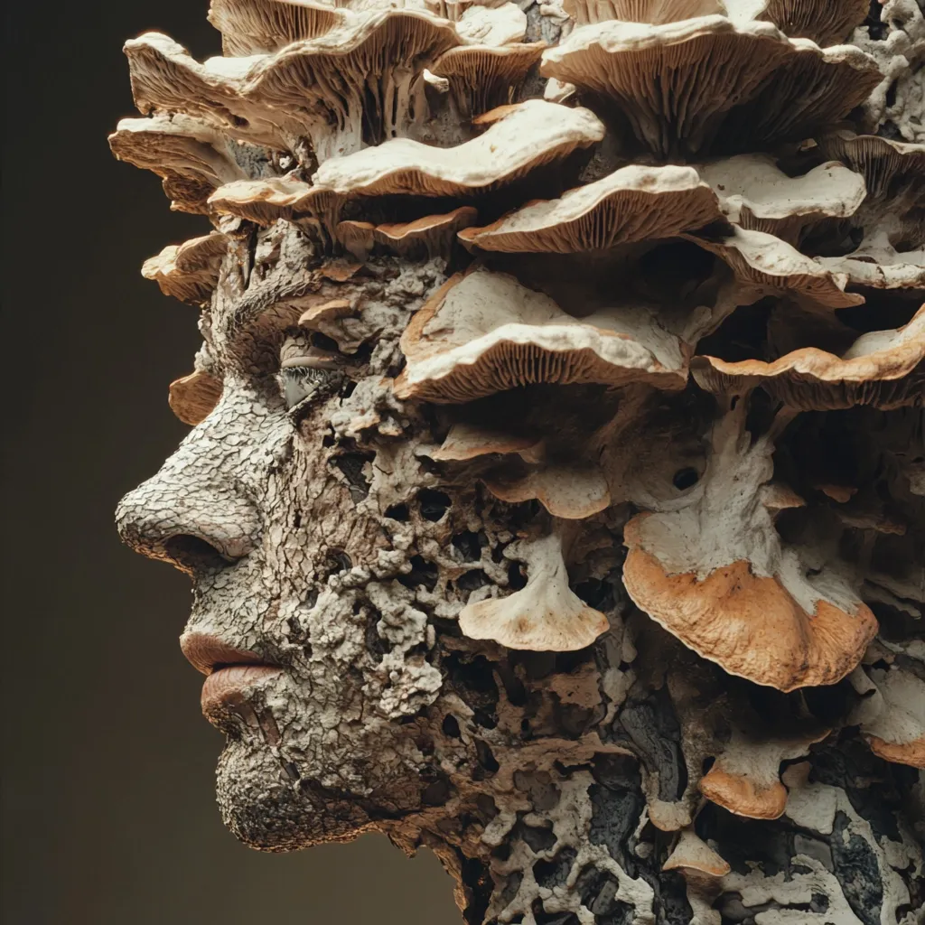 Here's a description of the image:

Close-up profile view of a surreal sculpture or artistic rendering.  A human-like face is heavily textured, appearing to be made of bark or decaying wood, intricately interwoven with numerous mushrooms of varying sizes and shades of beige and brown. The mushrooms completely cover the head and part of the neck, creating a crown-like effect. The overall tone is earthy and dark, emphasizing the textural contrast between the face and the fungal growth. The image evokes a feeling of natural decay and symbiosis.