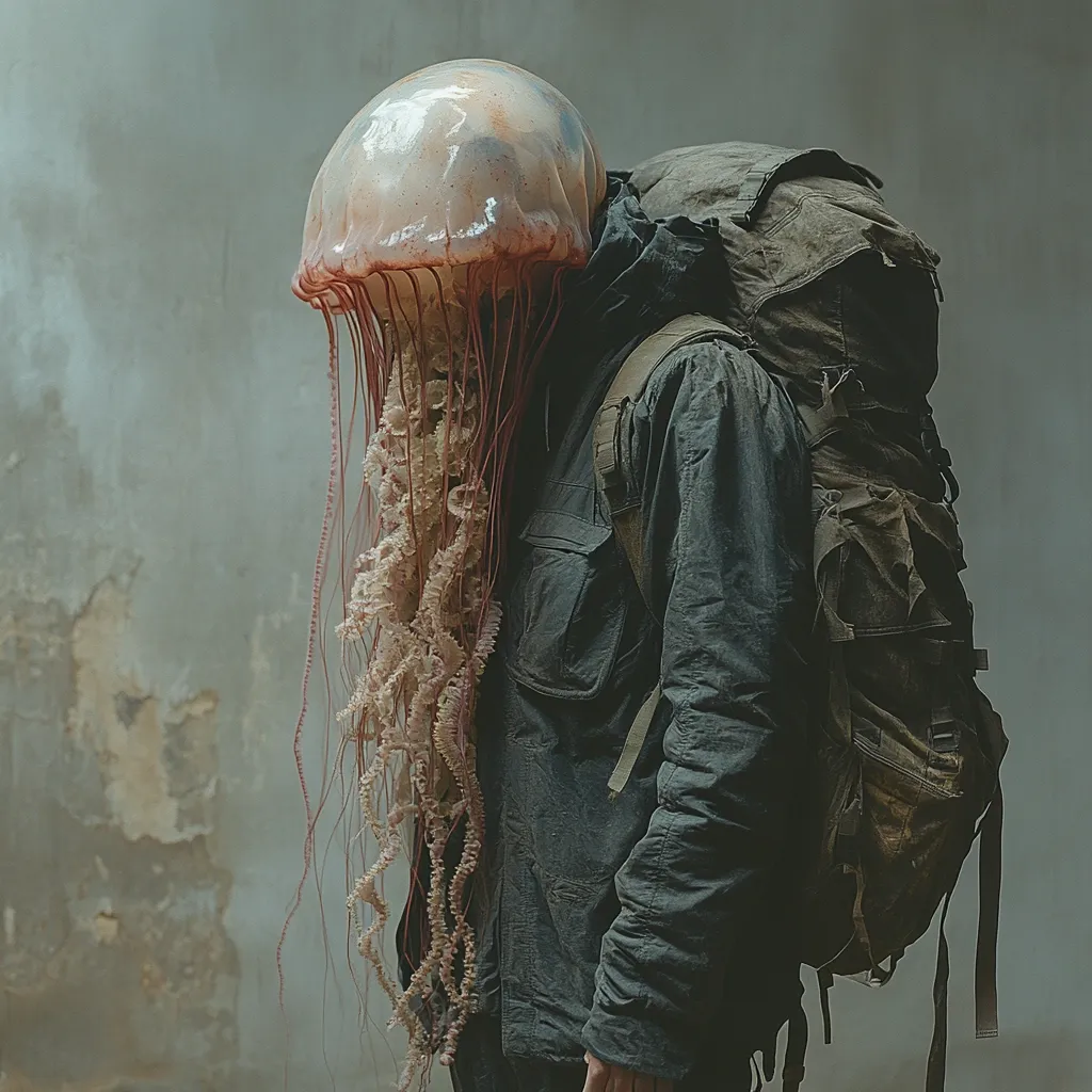 Here's a description of the image:

The image presents a surreal and somewhat unsettling scene.  A person is depicted wearing a large jellyfish as a head covering. The jellyfish is translucent, with reddish-pink tentacles trailing down the figure's back.  The individual is dressed in a dark, utilitarian jacket and carries a large, well-worn backpack, suggesting travel or survival. The background is a textured, weathered wall, adding to the overall atmosphere of decay or post-apocalyptic setting. The overall effect is one of strange juxtaposition and mysterious narrative.