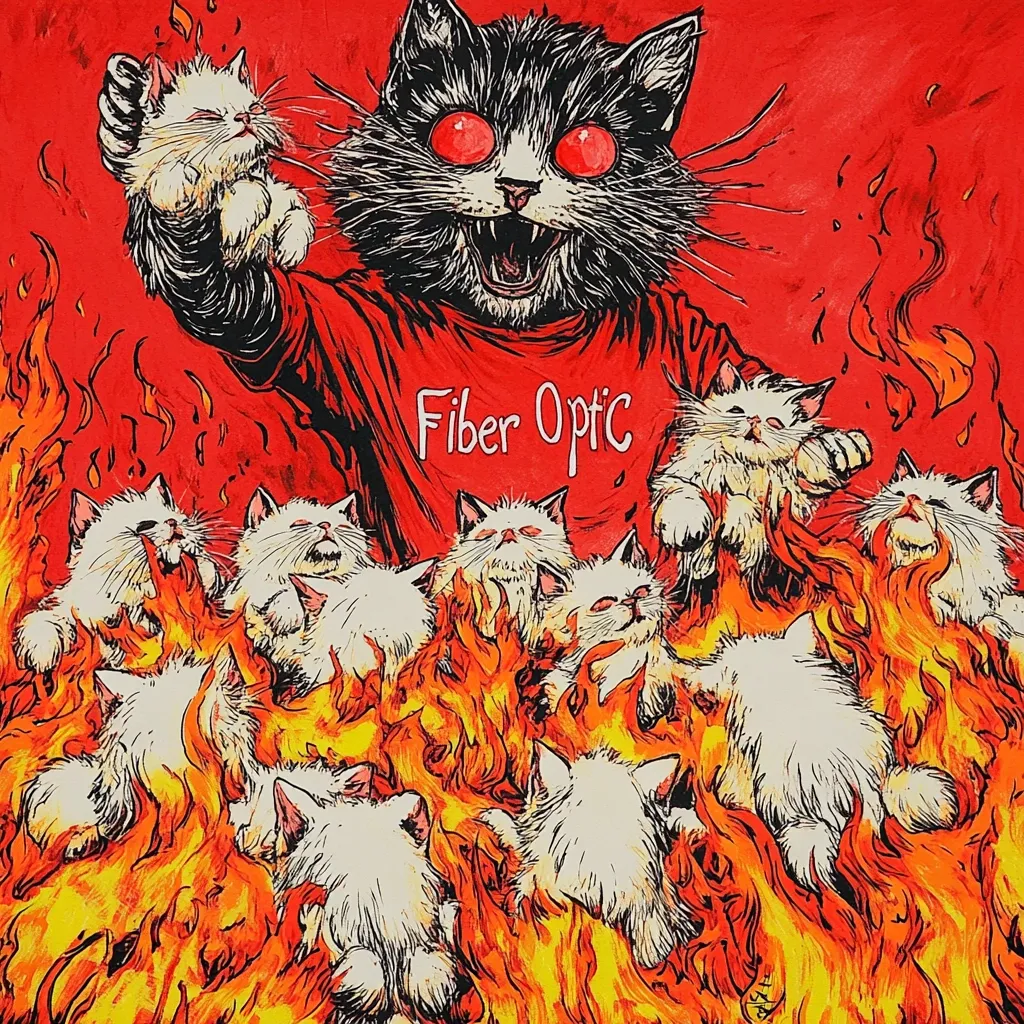 Here's a description of the image:

A vibrant, almost surreal artwork depicts a large black cat with glowing red eyes, wearing a red shirt that reads "Fiber Optic."  The cat holds a small white kitten, while surrounded by a blazing inferno engulfing numerous other white kittens. The style is reminiscent of graphic novel art, with bold outlines, intense color saturation, and a slightly chaotic composition.  The overall tone is darkly humorous and unsettling, contrasting the cute kittens with the menacing central figure and fiery scene.