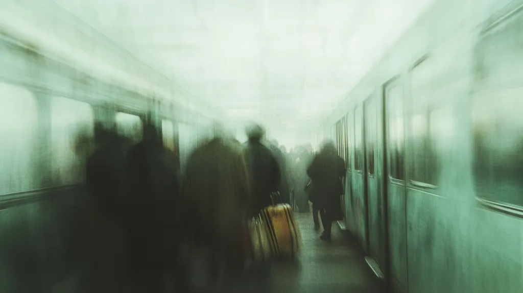 The photograph depicts a blurry, dreamlike scene within a subway car.  Motion blur suggests movement, creating a sense of anonymity among the passengers.  Figures are indistinct, appearing as shadowy shapes with muted greenish tones dominating the image. A lone suitcase is visible, adding a touch of tangible detail amidst the ethereal atmosphere. The overall effect is one of transience and quiet contemplation within the anonymous setting of public transportation.
