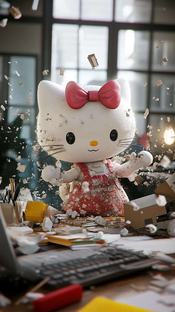 A digitally rendered image depicts a Hello Kitty figure, covered in dust and debris, amidst a chaotic office scene.  The figure appears to be the source of the destruction, with shattered pieces of what looks like a computer and desk strewn around it.  The Hello Kitty's expression is neutral, adding to the surreal and humorous nature of the scene. The background features a blurred office setting with a large window. The overall image is high-quality and detailed, emphasizing the contrast between the cute character and the destructive environment.