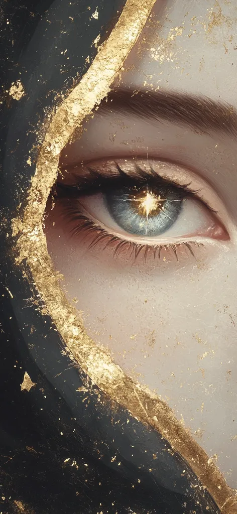 Close-up of a stylized eye, the iris a captivating blue with a central golden light.  The eye is partially obscured by a dark, textured background accented with streaks of gold leaf, creating a dramatic and ethereal effect. The overall aesthetic is luxurious and mystical, suggestive of a celestial or divine being.  The image is highly detailed, emphasizing the texture and depth of both the eye and the background.