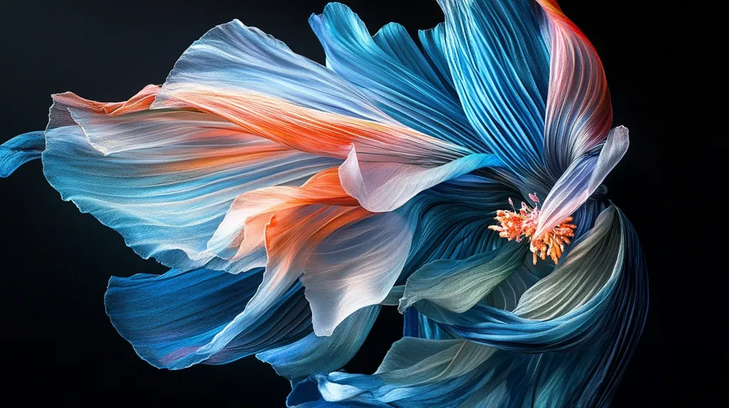 The image showcases a vibrant betta fish, its fins dramatically expanded to resemble a flowing, multicolored flower.  Blues, oranges, and whites blend seamlessly, creating a breathtaking display of texture and color against a stark black background.  The fins are intricately detailed, resembling delicate silk or crepe paper, emphasizing the fish's elegance and grace. The overall effect is one of surreal beauty and artistic mastery.