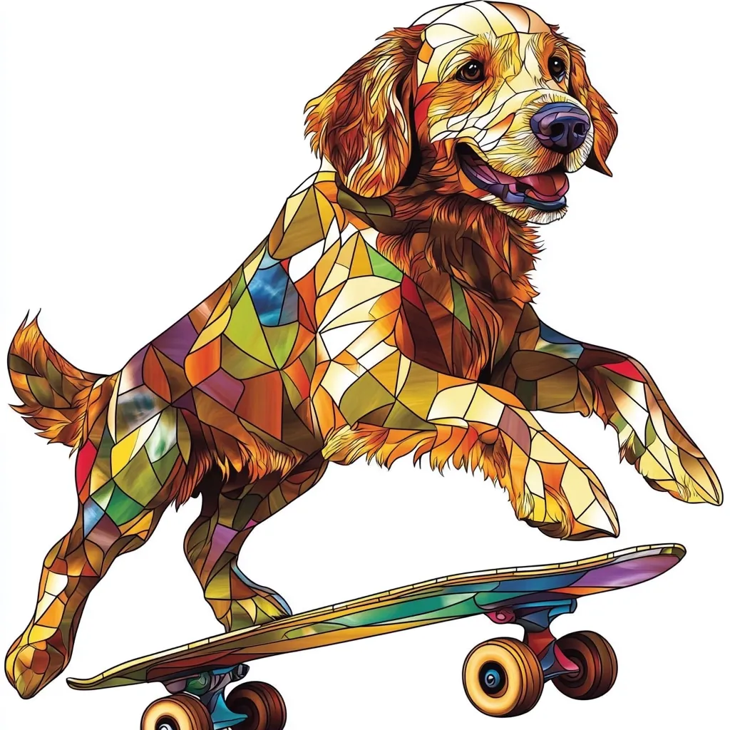 Here's a description of the image:

The illustration depicts a Golden Retriever dog skateboarding. The dog's fur is rendered in a vibrant stained-glass style, with multicolored geometric shapes forming its coat in shades of orange, yellow, brown, and green.  The dog is mid-leap, paws extended, dynamic and joyful, atop a similarly stylized skateboard with colorful wheels. The overall aesthetic is playful and bright, suggesting a lively and energetic personality. The white background emphasizes the colorful dog and skateboard.
