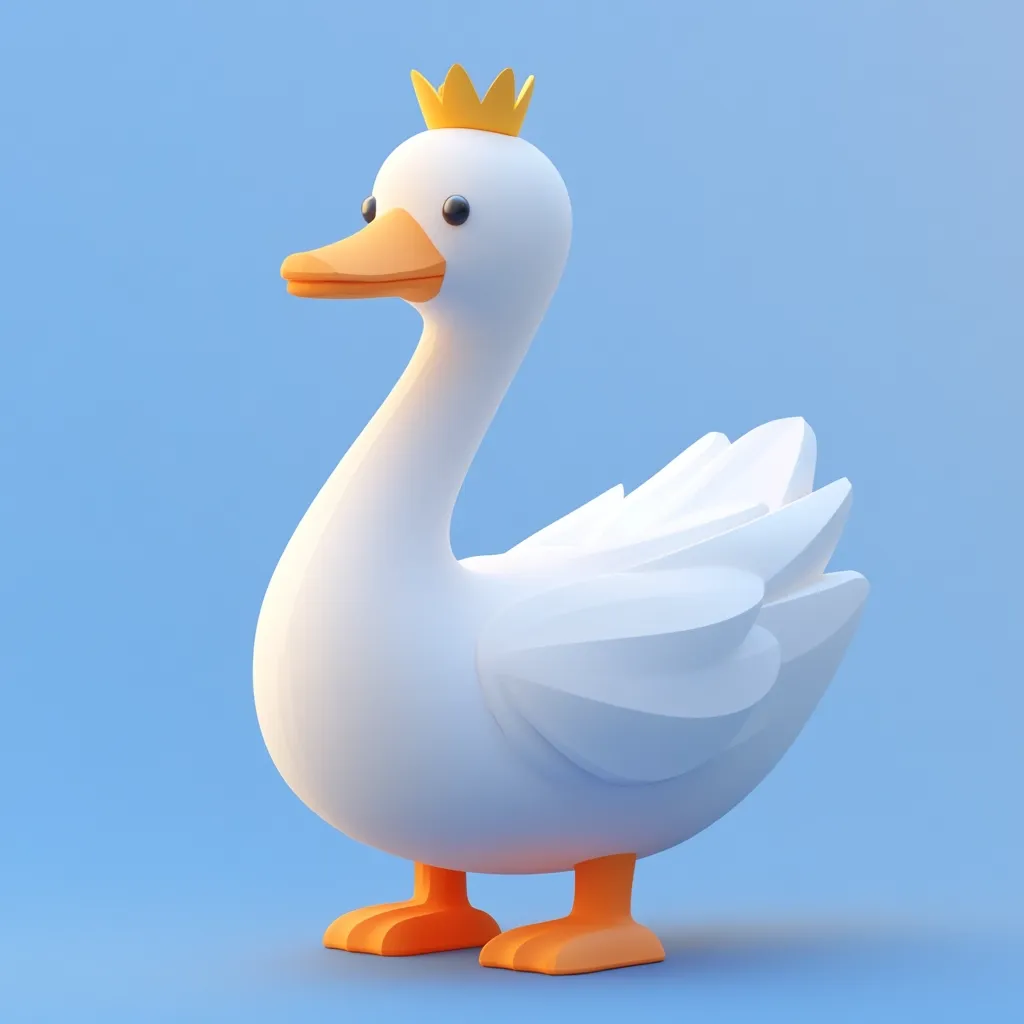 Here's a description of the image:

The image shows a stylized 3D rendering of a white goose wearing a small gold crown.  The goose is depicted in a simplified, cartoonish manner with smooth, rounded surfaces. Its beak and feet are a vibrant orange, contrasting with its pure white body.  The crown sits atop its head, adding a regal touch. The goose stands against a plain light blue background, making it the clear focal point. The overall style is cute and playful.