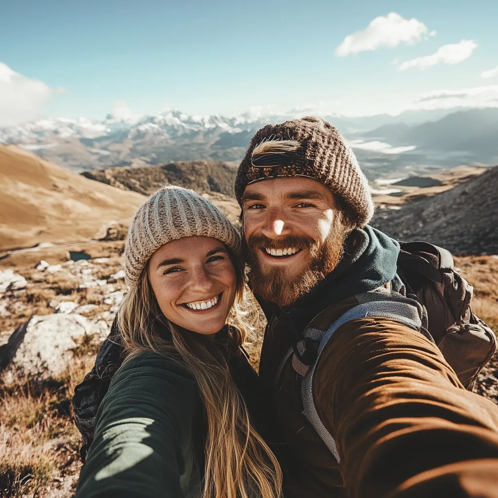 Here's a description of the image:

A smiling couple takes a selfie against a breathtaking mountain backdrop.  The woman, with long blonde hair and a beige knit hat, beams beside her bearded male partner, who wears a brown knit beanie.  Both are bundled in warm jackets, suggesting a cold climate.  Their backpacks indicate they are hikers, enjoying the expansive view of rolling hills and distant snow-capped peaks under a bright, sunny sky. The overall mood is one of adventure and joy.