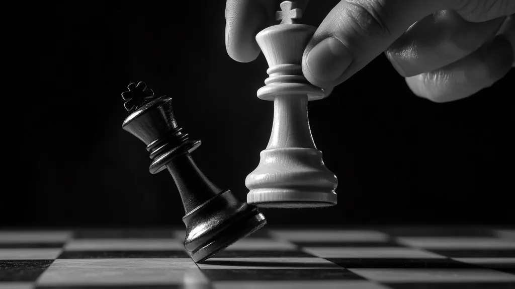 A dramatic black and white close-up depicts a hand moving a white chess king to checkmate the black king. The black king is tilted, its fall imminent. The scene is set against a dark background, emphasizing the chess pieces and the hand's decisive action. The contrast highlights the tension and strategic importance of the moment in the game.  The image evokes themes of power, strategy, and the end of a conflict.