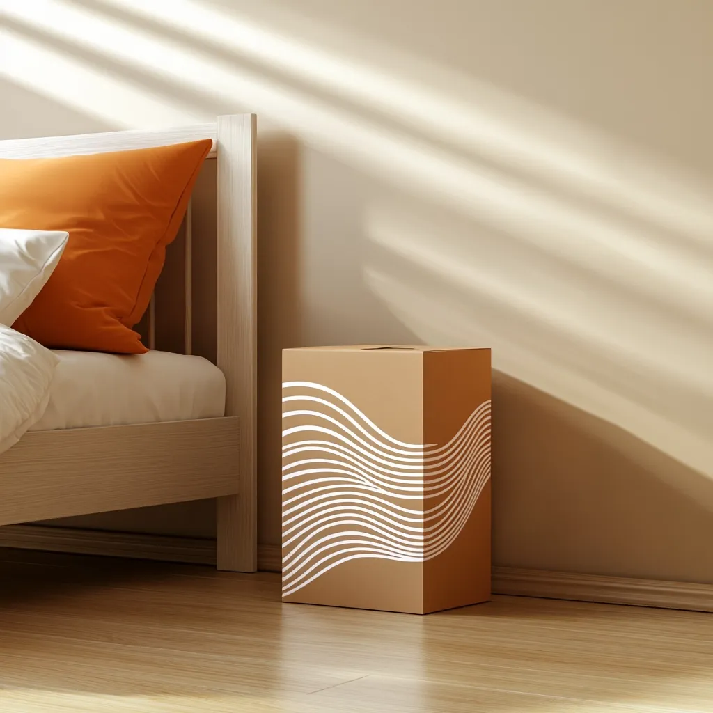 Sunlight streams into a room, illuminating a light wood bed with orange and white pillows.  A tan cardboard box, decorated with a white wavy line pattern, sits on the floor next to the bed. The room is minimalist and calming, with neutral beige walls and light wood flooring. The box appears to contain something, perhaps a new bedding item, adding a sense of anticipation or new beginnings to the scene.