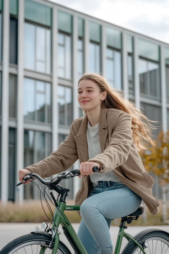 A young woman with long, light brown hair smiles as she rides a green bicycle in front of a modern glass building.  She's wearing a light brown jacket and light blue jeans. The autumnal colors of nearby foliage are subtly visible in the background.  The scene evokes a feeling of calm and effortless movement, suggesting a pleasant autumn day. The bicycle appears to be a comfortable city bike.