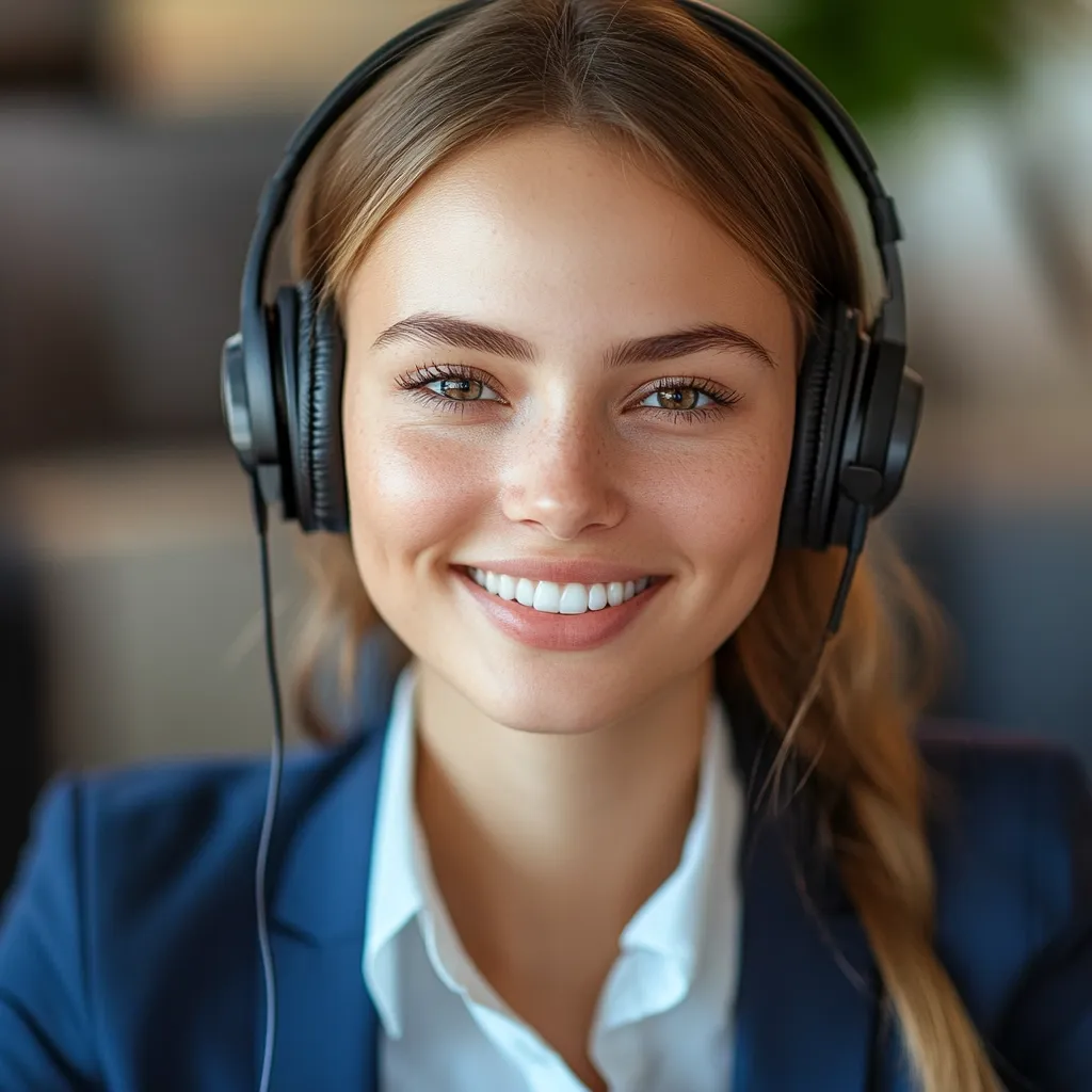 Close-up portrait of a young woman with shoulder-length brown hair, wearing black over-ear headphones. She's smiling warmly, her expression friendly and approachable.  She's dressed in a navy blue blazer over a white collared shirt, suggesting a professional setting. The background is blurred, drawing focus to her pleasant face.  Her light skin and freckles are visible, enhancing her natural beauty. The overall impression is one of competence and welcoming professionalism.