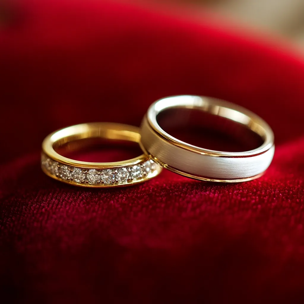 Two wedding bands rest gently on a rich red velvet surface. One band is a classic gold design, adorned with a row of sparkling diamonds. The other is a modern, brushed white gold band with a subtle sheen. The rings are positioned close together, symbolizing unity and commitment, their details sharply focused against the blurred backdrop of the luxurious fabric. The overall image conveys a sense of elegance and the enduring nature of marriage.