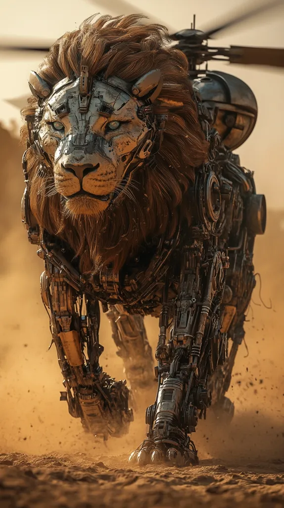 A majestic lion, its mane a rich brown, strides across a dusty landscape.  However, this is no ordinary lion; its body is a marvel of intricate clockwork mechanics, gleaming metallic parts visible beneath its fur.  The lion's head retains its natural features, eyes piercing and alert, contrasting with the robotic elements.  A small, metallic helicopter-like structure is partially visible on its back, adding to the image's futuristic, biomechanical aesthetic.  The scene is evocative of a post-apocalyptic or science fiction setting.