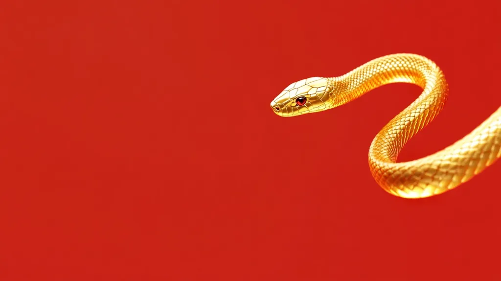 Here's a description of the image:

The image shows a golden snake, rendered in a highly detailed, almost metallic style, against a vibrant red background. The snake is positioned diagonally, its body curving gracefully across the frame. Its scales are meticulously depicted, and its eyes are a striking ruby red. The contrast between the gold of the snake and the red of the background is sharp and visually striking, creating a strong sense of graphic design.  The overall aesthetic is bold and symbolic, possibly alluding to themes of wealth, power, or the Chinese zodiac.