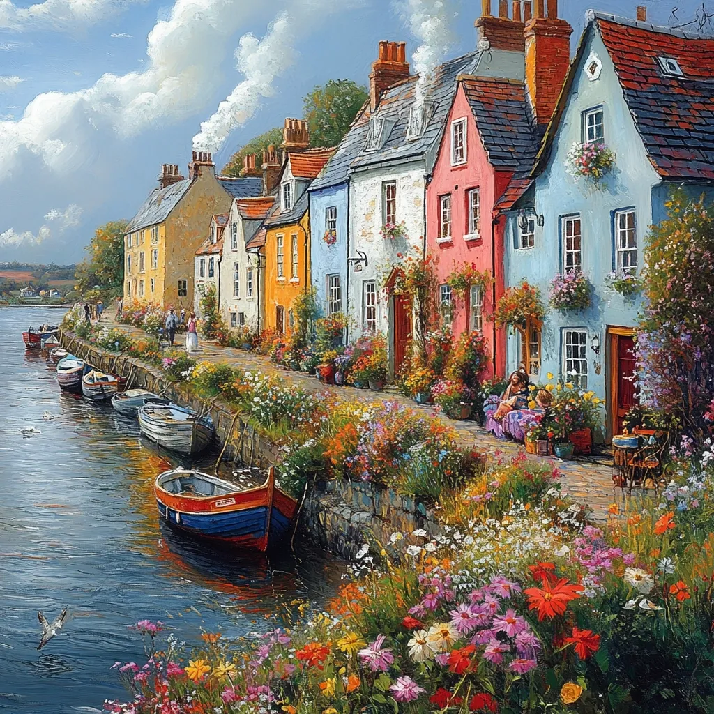 A picturesque waterfront scene unfolds, showcasing a row of charming, colorful houses lining a tranquil canal.  Boats are gently moored along the stone embankment, while vibrant flower gardens bloom profusely in front of each home.  People stroll along the walkway, adding a touch of daily life to the idyllic setting. The overall effect is one of peaceful beauty and captivating charm.  A sunny day bathes the scene in a warm, inviting light.