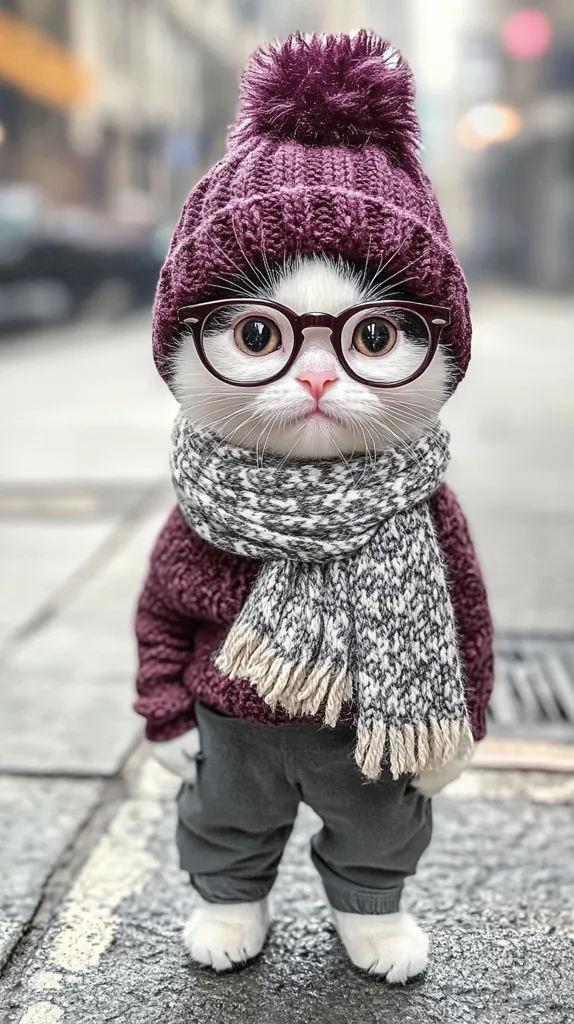 Here is a description of the image:

A charming, white-and-black cat is the star of this adorable picture.  The feline is dressed in a burgundy knitted hat with a fluffy pom-pom, a matching sweater, gray pants, and a gray-and-white patterned scarf.  Round eyeglasses add to its intellectual and stylish appearance.  The backdrop is a blurry city street, drawing focus to the well-dressed cat standing on a paved surface. The overall tone is heartwarming and playful.