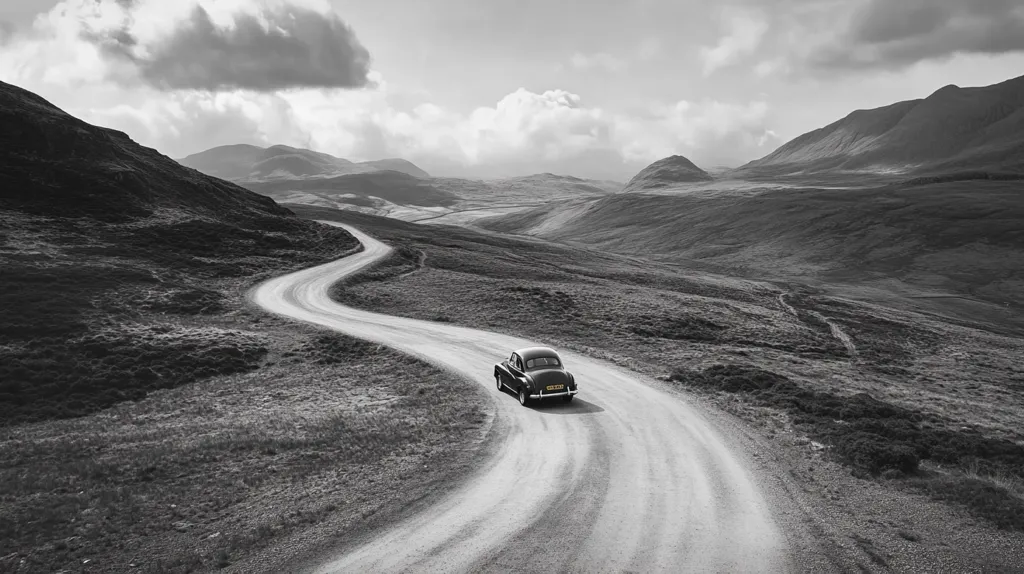 A black and white photograph captures a vintage car driving along a winding dirt road. The road snakes through a desolate, yet beautiful, landscape of rolling hills and mountains under a cloudy sky. The image evokes a sense of journey, solitude, and the vastness of nature. The car, small in the expansive setting, emphasizes the scale of the environment and the feeling of open road. The monochrome palette enhances the timeless quality of the scene.