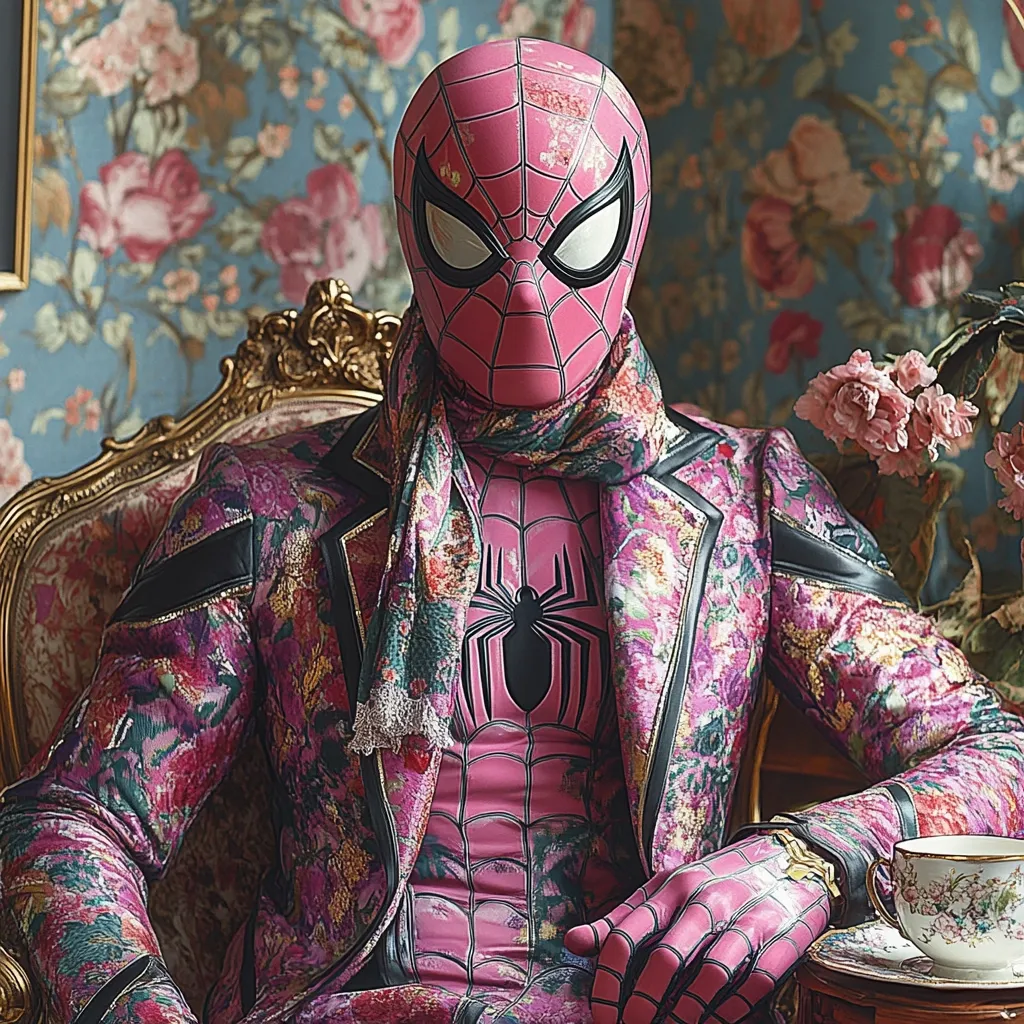 Here's a description of the image:

A striking image depicts a figure in a pink Spider-Man suit,  seated regally in an ornate gold chair. The suit is a vibrant pink, adorned with a flamboyant floral pattern in shades of pink, purple, and green.  A matching pink scarf is loosely draped around the neck. The Spider-Man mask is a solid pink, matching the suit. The setting is opulent, with a floral wallpaper backdrop and a teacup and saucer resting on a nearby side table. The overall aesthetic is a blend of superhero imagery and high-fashion, creating a surreal and unexpected contrast.