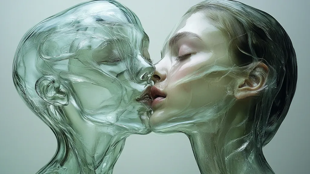 The image depicts a stylized depiction of a kiss between two figures.  One figure appears to be sculpted from translucent, flowing glass or resin, its form organic yet somewhat alien. The other figure, though similarly rendered in a flowing material, possesses more human-like features, although her face is also subtly distorted and ethereal. The overall effect is surreal and dreamlike, creating a sense of both intimacy and otherworldliness. The muted green tones of the figures contrast with a pale background, further enhancing the otherworldly mood.