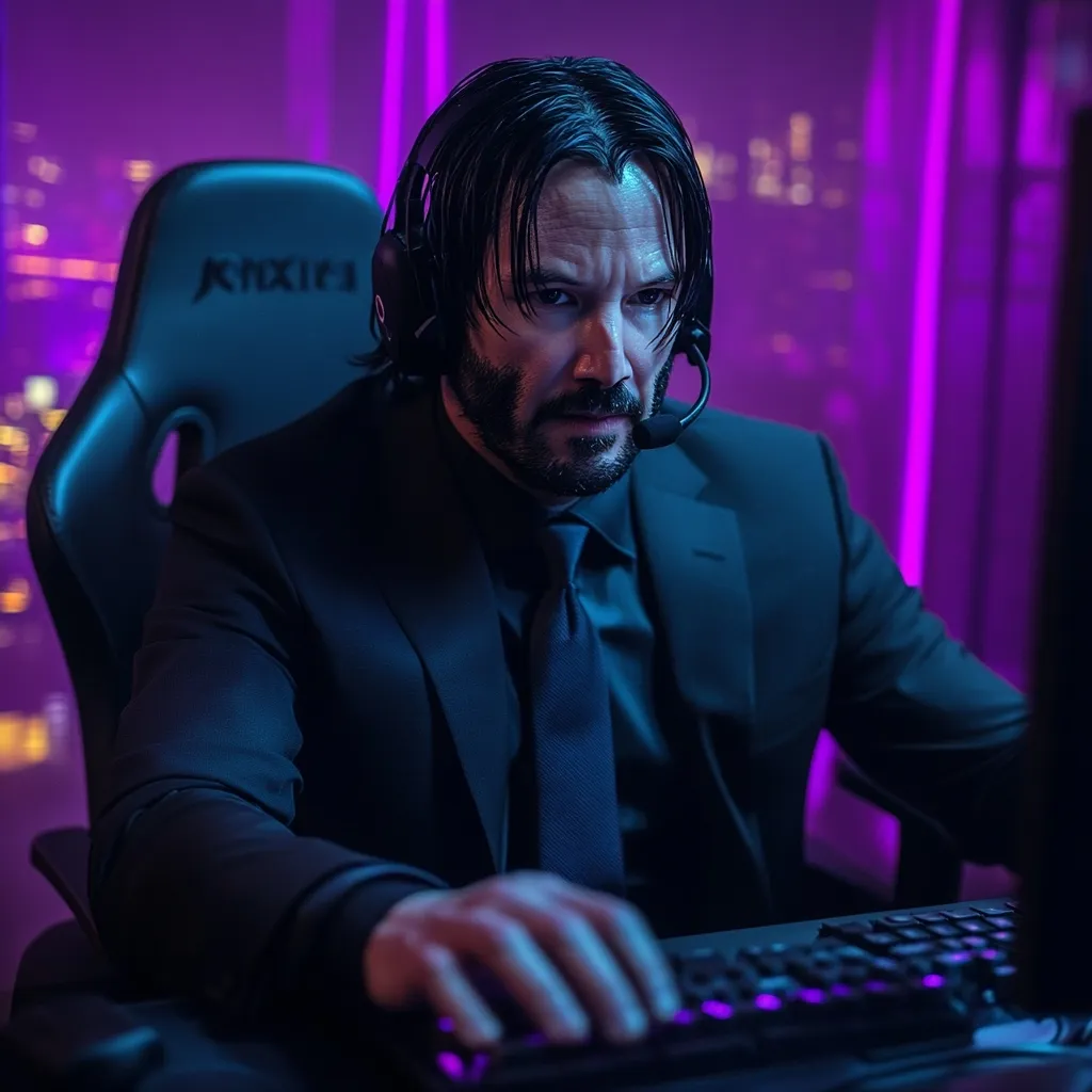 Here's a description of the image:

The image shows Keanu Reeves, in character, intensely focused on a computer keyboard. He's dressed in a sharp dark suit, yet wears a gaming headset, creating a contrast between formal attire and technological immersion.  The scene is bathed in vibrant purple lighting, typical of a cyberpunk or futuristic setting, with a city skyline visible in the background through a large window. He sits in a high-backed gaming chair, adding to the gamer aesthetic.  The overall mood is serious and intense, emphasizing his concentration on the task at hand.