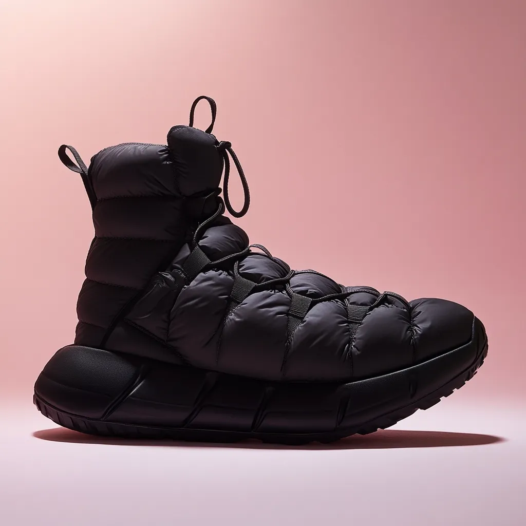 A black, high-top puffer boot is showcased against a soft pink backdrop.  The boot features a quilted, down-filled upper, secured with a lace-up closure.  Its chunky, rubber sole provides a robust base. The overall design blends the comfort of a puffer jacket with the practicality of a sturdy winter boot, creating a stylish and seemingly warm footwear option.  The lighting highlights the boot's texture and form.