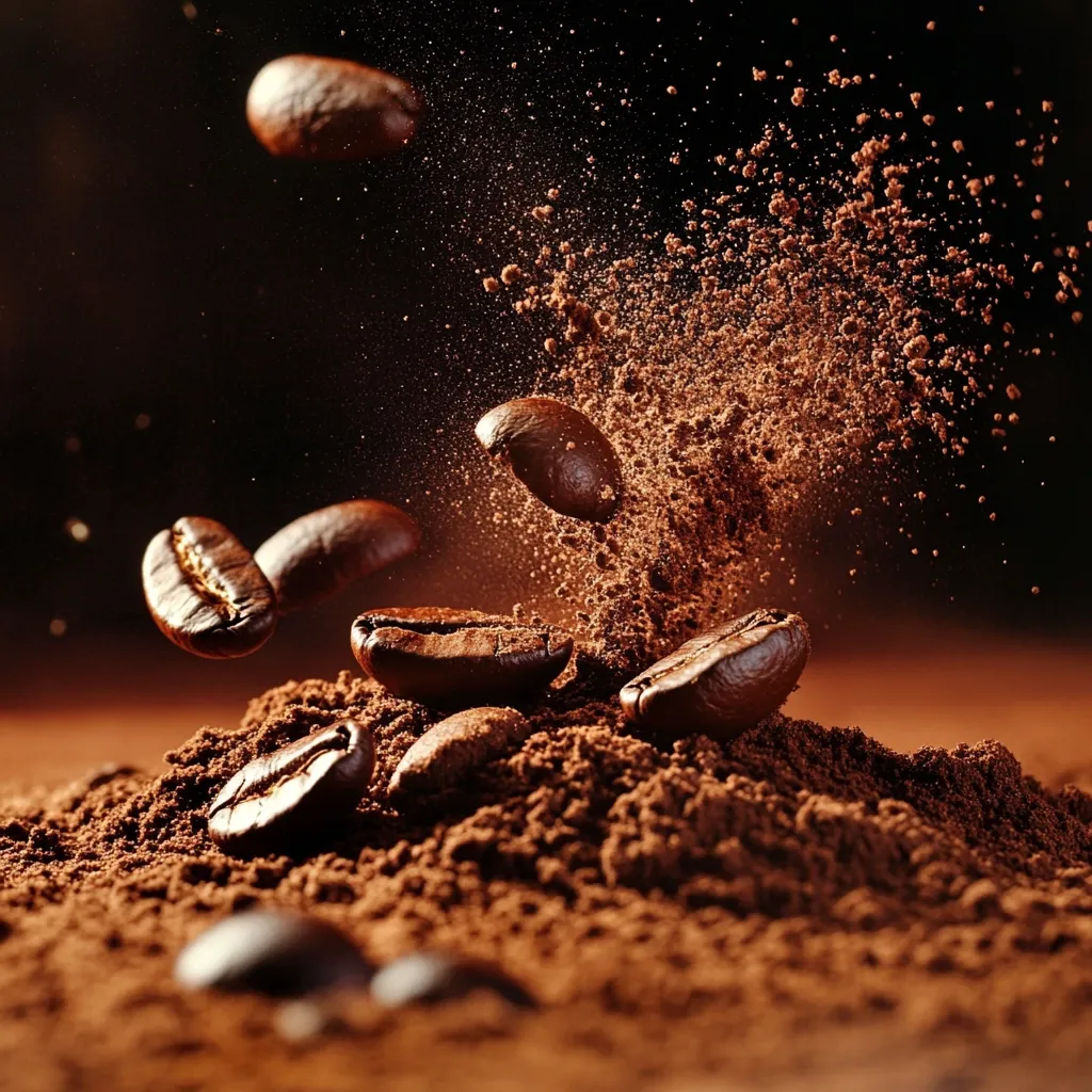 Here's a description of the image:

The photograph captures the dynamic moment of coffee beans and grounds in motion.  Several whole beans are suspended mid-air, some appearing to have just been flung from a grinder, scattering a cloud of rich brown coffee dust. These airborne beans are sharply contrasted against a pile of freshly ground coffee, forming a textured, earthy mound. The overall composition conveys a sense of energy and the aromatic essence of freshly ground coffee. The dark background emphasizes the rich browns and deep colors of the coffee.