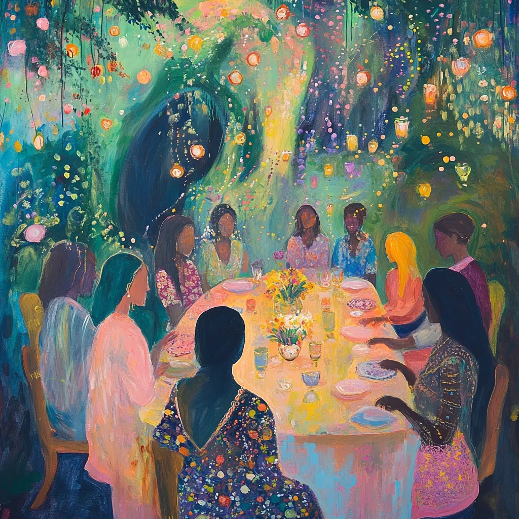 A vibrant painting depicts a gathering of women at a dinner table under a canopy of twinkling lights and lush greenery. The women, diverse in appearance and attire, are seated around a table laden with food and flowers.  The scene is bathed in warm, luminous colors, conveying a sense of joy, intimacy, and celebration.  The painterly style is expressive, with loose brushstrokes and a dreamlike quality.  The overall impression is one of feminine fellowship and magical enchantment.