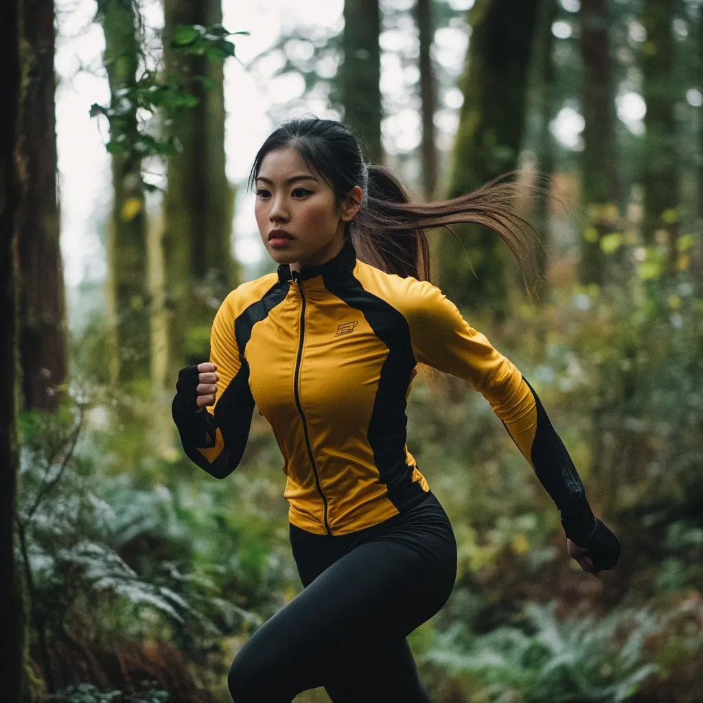 A young woman with dark hair pulled back in a ponytail runs through a lush forest. She wears a vibrant yellow and black athletic jacket and black leggings.  Her focused expression and determined stride suggest intense physical activity. The background is blurred, focusing attention on the runner in motion within the verdant, wooded setting.  The overall mood is one of energy and athleticism in a natural environment.