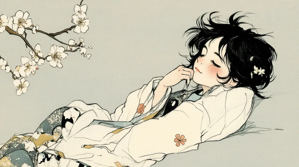 Here's a description of the image:

The illustration showcases a young woman with dark, slightly messy hair, lying down and appearing to be asleep or resting. She is adorned in a light-colored, flowing robe, possibly a kimono, with subtle floral patterns visible. Her cheeks are lightly blushed, adding to her serene expression.  Above her, a delicate branch of white blossoms, reminiscent of cherry blossoms, extends across the top left of the frame. The overall style is soft, delicate, and evocative of East Asian art. The muted color palette emphasizes tranquility and a sense of peace.