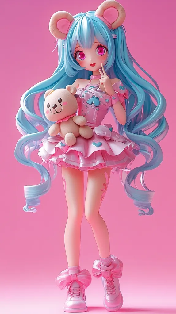 A 3D rendering showcases a cute anime girl with long, flowing light blue hair styled with mouse ears. She's dressed in a pink, frilly dress and holds a small teddy bear.  Her large, expressive eyes and rosy cheeks enhance her adorable appearance. She wears pink, bow-adorned sneakers. The overall aesthetic is sugary sweet and pink, characteristic of kawaii culture. The image is rendered in high detail, with a focus on soft textures and a vibrant color palette.