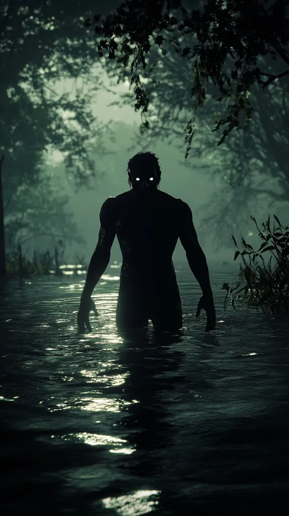 A shadowy, humanoid figure with glowing eyes emerges from murky swamp water.  The figure, seemingly muscular and naked, stands waist-deep in the water, its silhouette stark against a dark, swampy background of trees and overhanging branches.  The scene is dimly lit, creating an eerie and suspenseful atmosphere. The overall impression is one of mystery and potential danger.